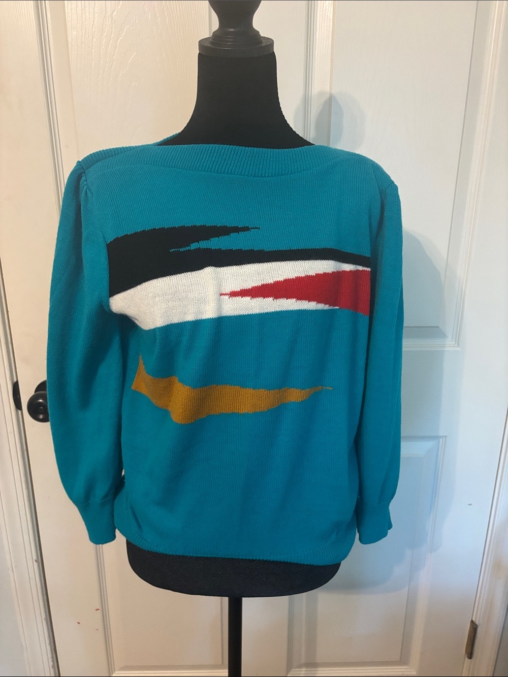 Vintage Turquoise Graphic Crewneck Sweater with Multicolor Accents Small